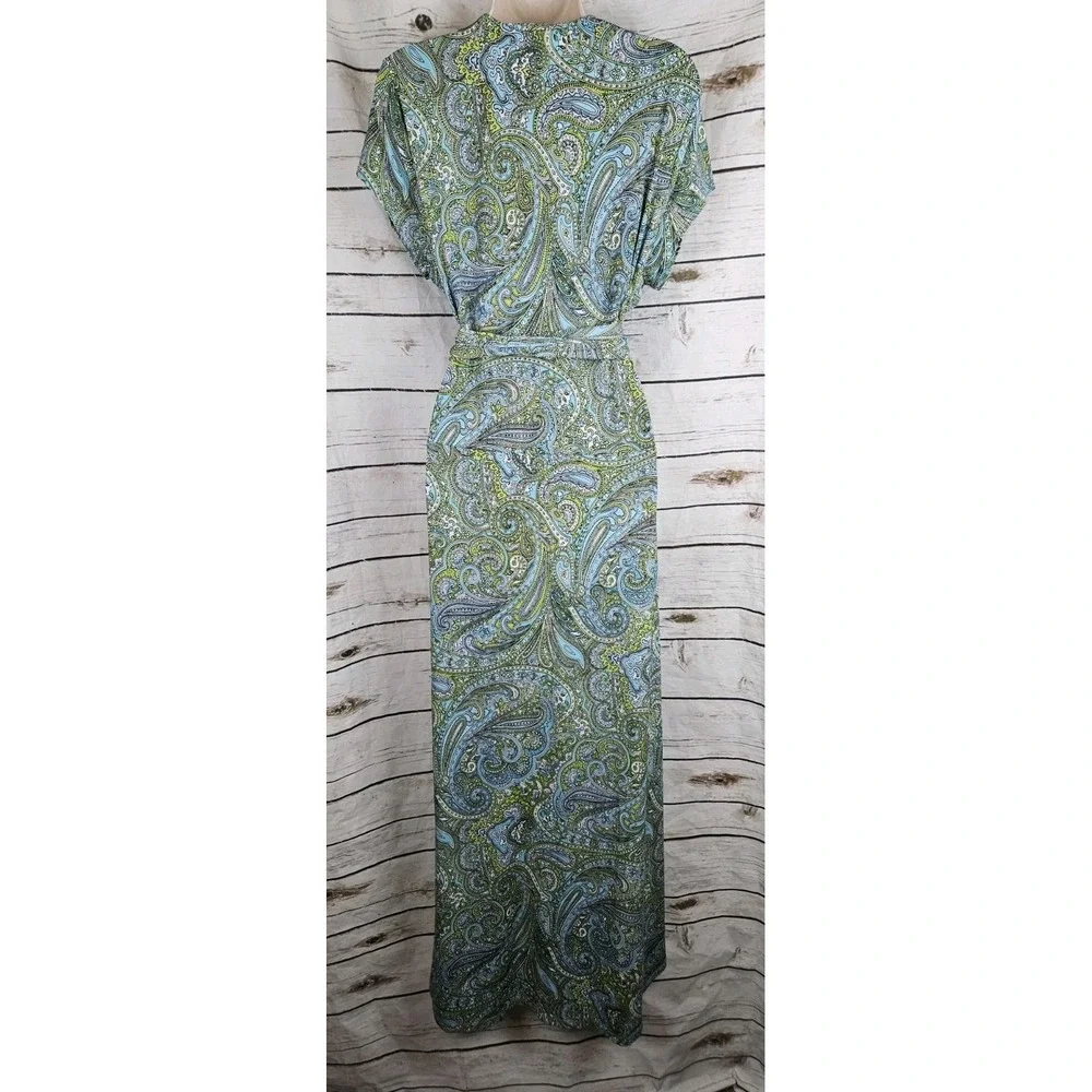 Michael Kors Blue Green Maxi Dress 14W High Low Tie Wrap Belt V-Neck Jersey Knit